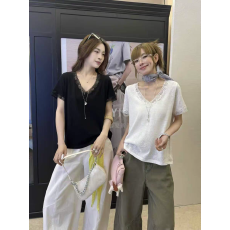 批发刺绣钩花蕾丝拼接<b class='q'>V领</b>短袖T恤女2026春夏季新款宽松百搭纯色上衣女