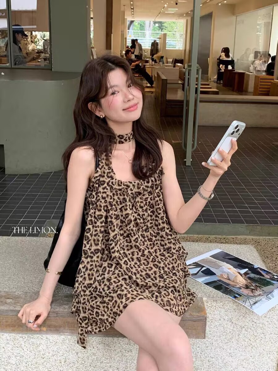 26 년 여름 켜기 새로운 핫걸 디자인 센스 무거운 작업 목도리 레오파드 무늬 슬립 작은 셔츠