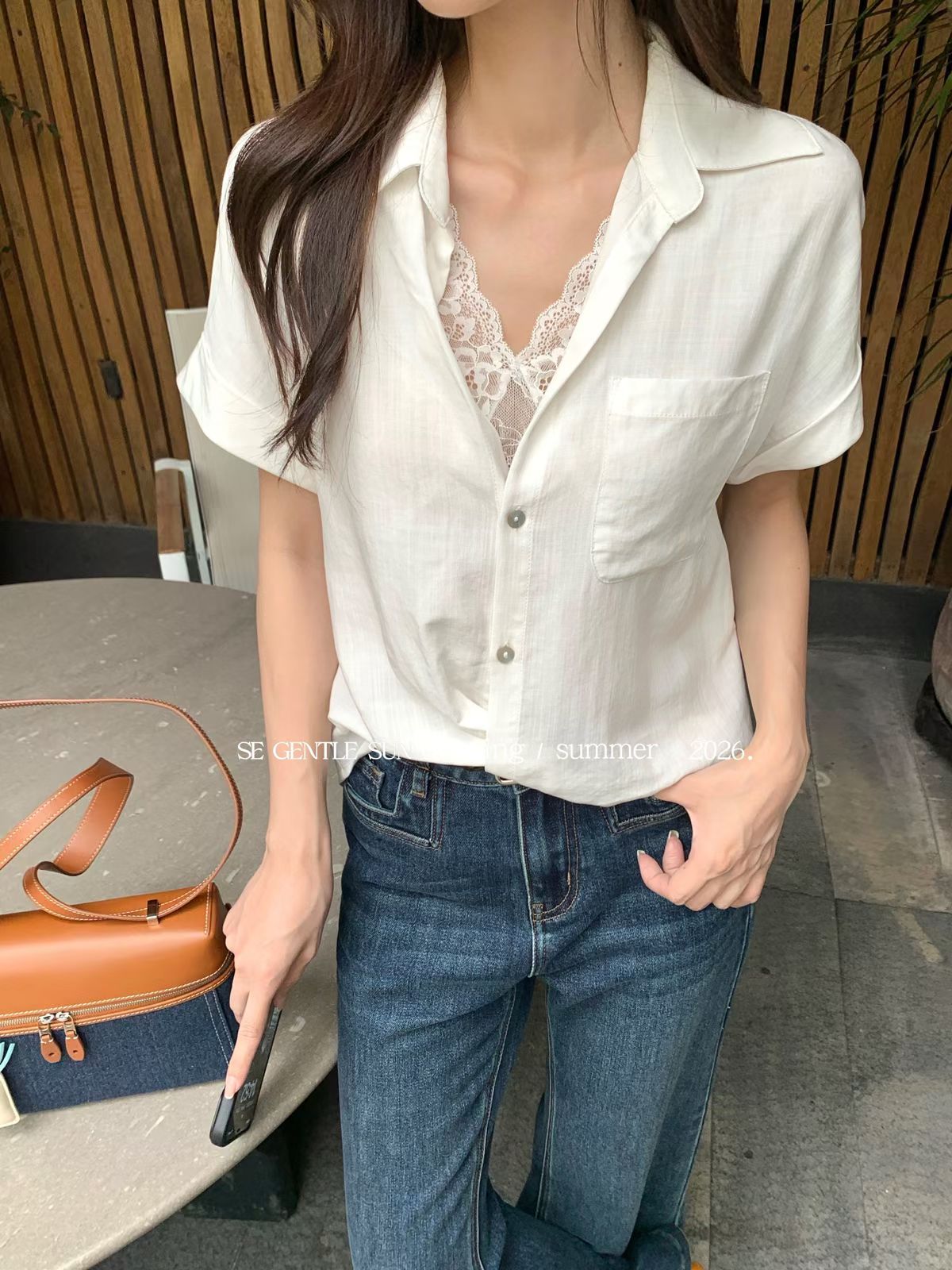 se 고급 센스 레이스 조각 프랑스식 페이크 레이어드 반팔 셔츠