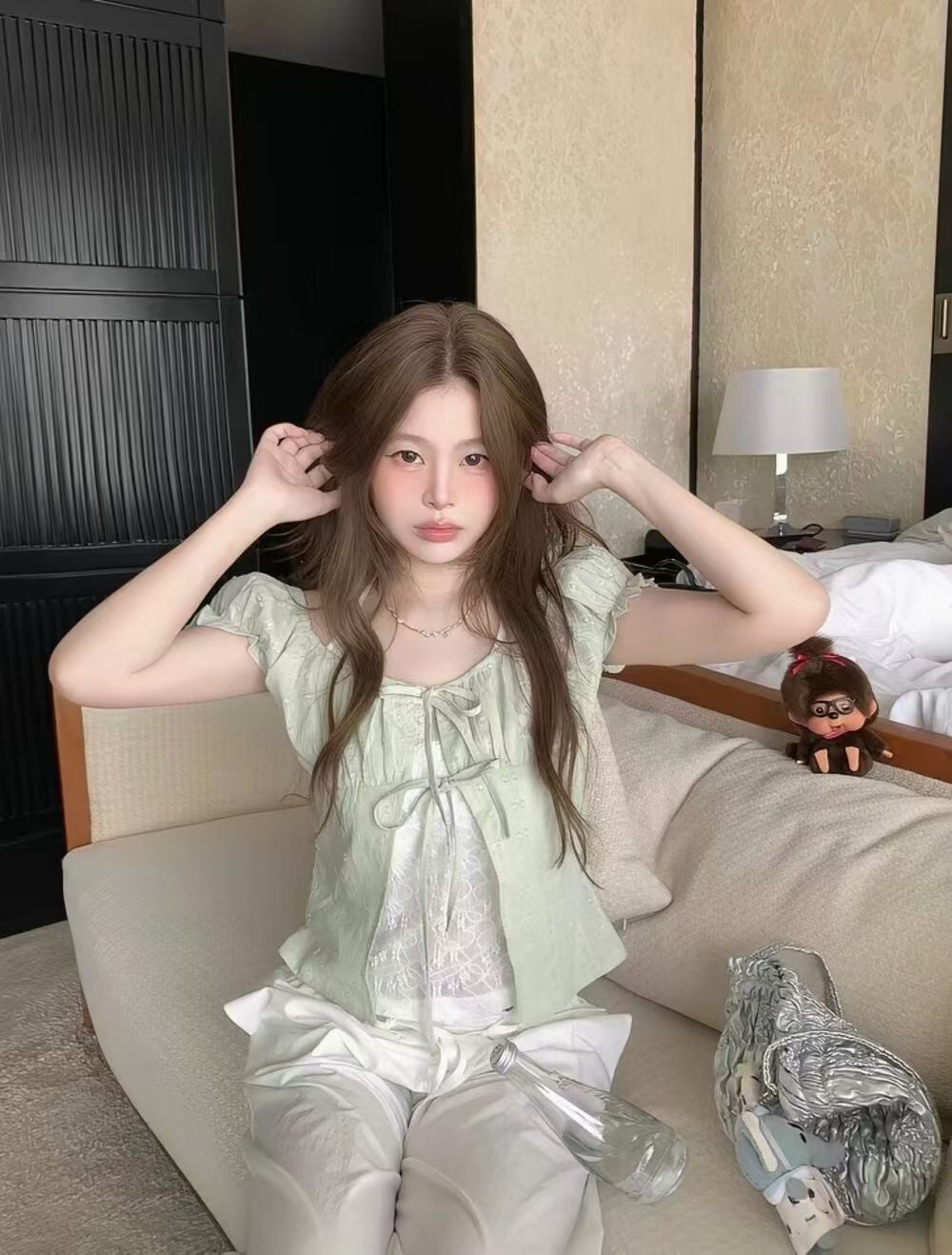 sasaouni 한 부서 디자인 센스 레이스 조각 페이크 레이어드 여성 셔츠 거품 소매 허리 수축 슬림해 보이는 행침 목 맨위