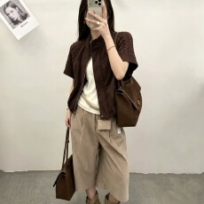 批发针织袖拼接仿鹿皮绒拼接皮衣马甲女2026新款时尚百搭小个子外套潮