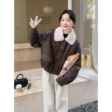 批发美拉德咖色pu皮衣外套女冬季加绒加厚皮毛一体羊羔毛翻领夹克外套