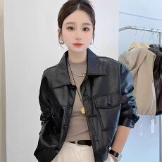 批发酷辣妹<b class='q'>机车</b>女ootd翻领纽扣橡筋腰长袖短款pu<b class='q'>皮衣</b>2025秋冬新ins潮M