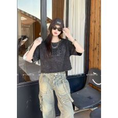 批发酷辣妹洗水<b class='q'>牛仔</b>做旧立体字母时尚街头2026春夏新韩系ootd黑ins潮M