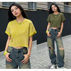 批发韩系ootd洗水牛仔做旧短款T恤2026春夏新ins潮牌美式<b class='q'>街头</b>时尚暗黑