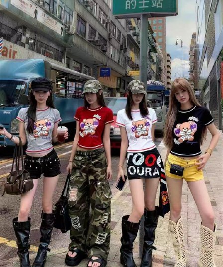 달콤한 핫걸 만화 프린트 2026 봄 아모이 쇼트 스타일 이슬 허리 패션 ins 트렌디 한 일본식 ootd 순면 티셔츠 바람의 소리