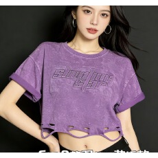 批发酷辣妹破洞露腰洗水牛仔做旧2026春夏新ins潮2026春夏新ins潮T恤S