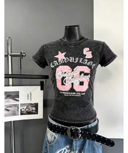 차가운 핫걸 워시 물 데님 프린트 06 펑크 다크 록 2026 봄 아모이 ins 트렌디 한일 ootd 거리 f