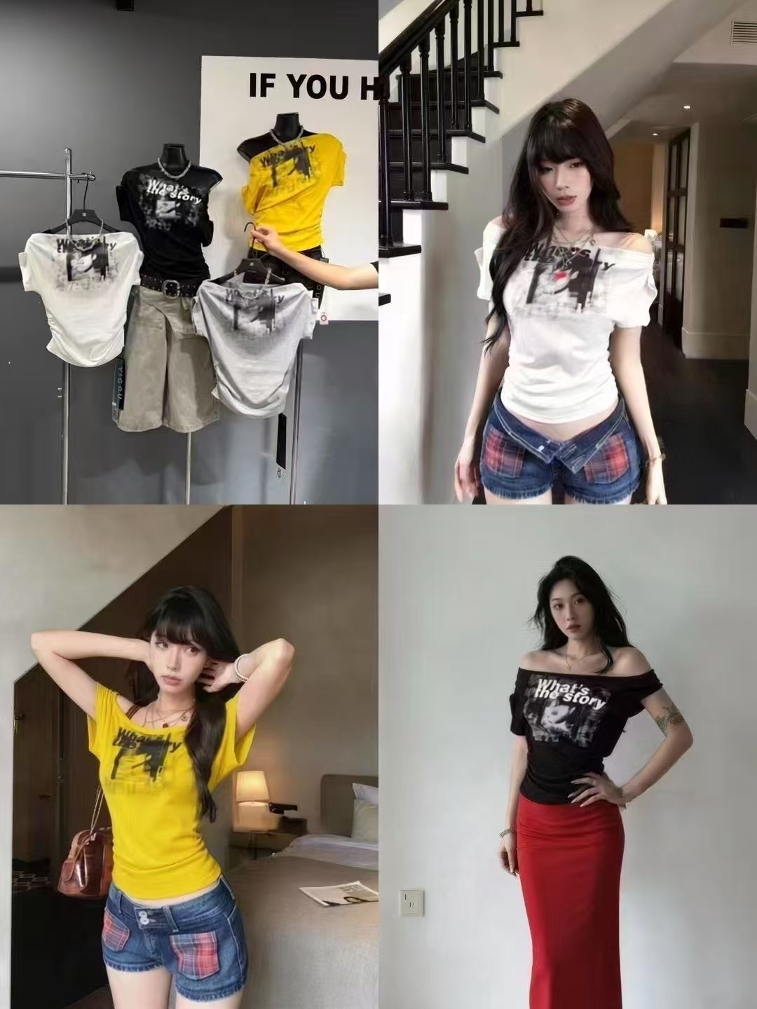 차가운 핫걸 보트넥 알파벳 프린트 주름 장식 허리 수축 2026 아모이 ins 한일 ootd 쇼트 스타일 티셔츠 다크 바람의 소리
