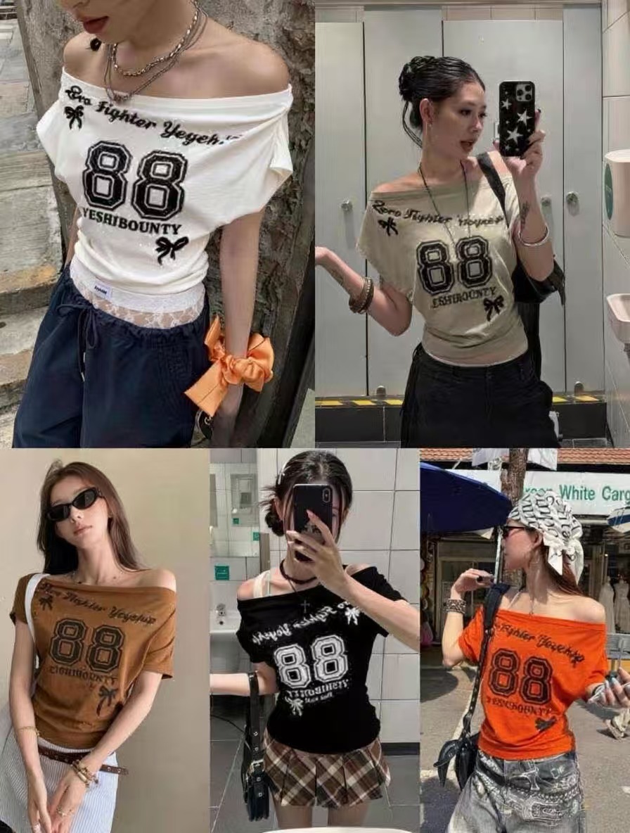 酷辣妹一字露肩印花时尚上衣夏新ins潮韩日ootd可爱减龄千禧T 服裝批發女裝批發服飾貨源