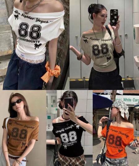 차가운 핫걸 한 단어 오프숄더 프린트 패션 맨위 2026 아모이 ins 트렌디 한일 ootd 귀여운 연령 감소 천년기 t