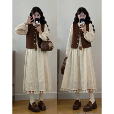 批发实拍2026春夏新款<b class='q'>大码</b>收腰显瘦流苏边连衣裙+圆领马甲两件套