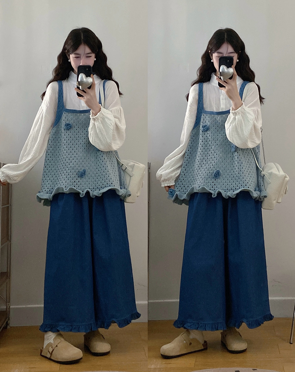 실사 빅 사이즈 2026 봄 새로운 레트로 꽃 니트 조끼 긴팔 셔츠 와이드 레그 팬츠 세 조각 세트