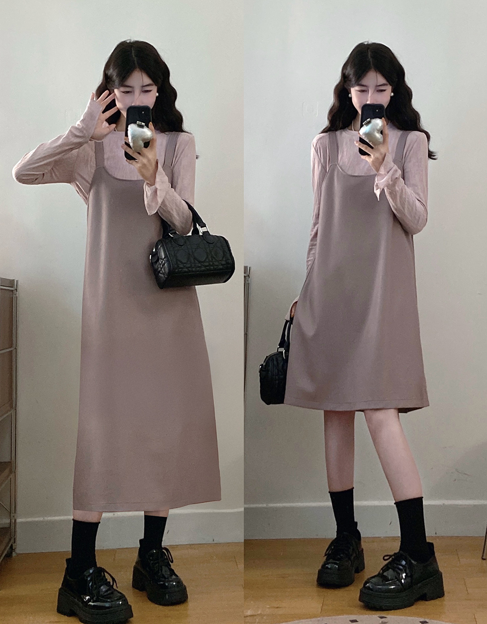 실사 빅 사이즈 봄 새로운 품격 긴팔 기본 셔츠 보라색 가죽 슬립 드레스 지방 mm 슬림해 보이는 투피스 세트