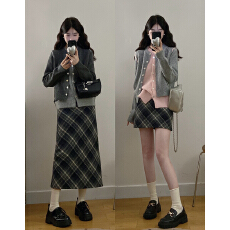 实拍2025秋冬两件套大码假两件撞色拼接针织毛衣开衫+格纹半身裙