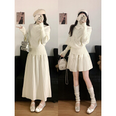 批发<b class='q'>实拍</b><b class='q'>大码</b>秋冬新款蝙蝠袖毛衣不对称翻领斗篷针织衫+压褶半身裙