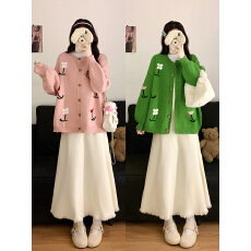 批发实拍2025秋冬新款大码<b class='q'>甜美</b>减龄花朵针织开衫毛衣外套半身裙两件套