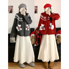 批发实拍2025圣诞新年红色毛衣外套费尔岛牛角扣针织开衫半身裙两件套