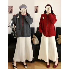 批发实拍2025冬季新款大码宽松牛角扣针织开衫毛衣外套半身裙两件套