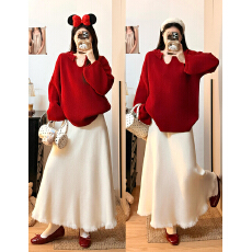 批发实拍2025冬装新款<b class='q'>大码</b>新年红色木耳边V领毛衣针织衫+半身裙两件套