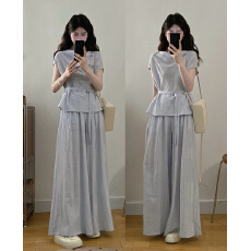 批发实拍大码套装2026夏季新款气质收腰系带短袖上衣+阔腿裤两件套