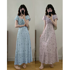 批发实拍2026夏季新款大码蝴蝶印花连衣裙胖mm木耳边收腰显瘦A字长裙