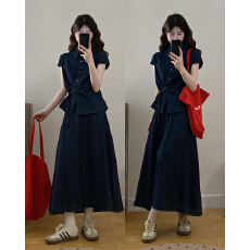 批发实拍2026夏季新款大码设计感收腰系带短袖<b class='q'>牛仔</b><b class='q'>衬衫</b>+半身裙两件套