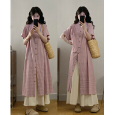 批发实拍2026夏季新款<b class='q'>大码</b>叠穿复古格子短袖衬衫连衣裙阔腿裤裙两件套