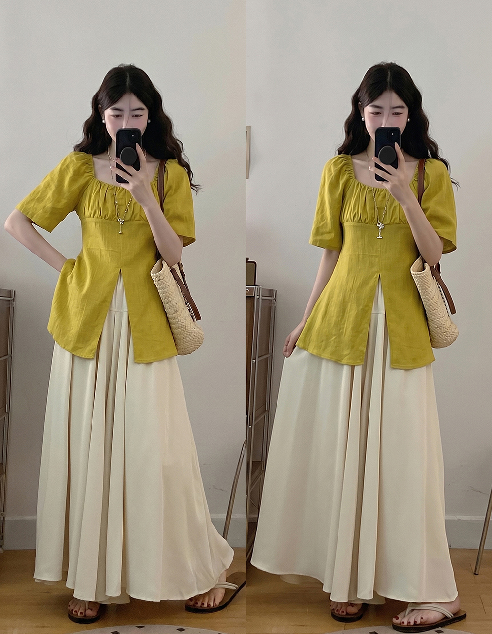 실사 빅 사이즈 여름 새로운 프랑스식 광장 칼라 반팔 밑단 이전 트임 맨위 하이웨이스트 와이드 레그 팬츠 치마 투피스 세트