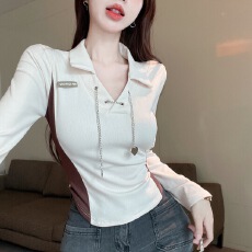 批发<b class='q'>实拍</b>纯欲独特美式复古甜辣妹polo衫v领上衣设计感长袖<b class='q'>衬衫</b>