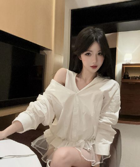 실사 순수한 욕망 바람 망사 레이스 조끼 페이크 레이어드 셔츠 고급 허리 수축 루즈핏 맨위