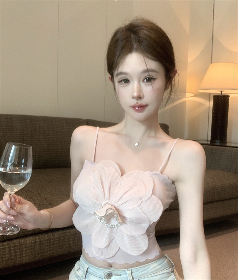 실사 프랑스식 디자인 센스 3 차원 꽃 캐미솔 핫걸 민소매 맨위