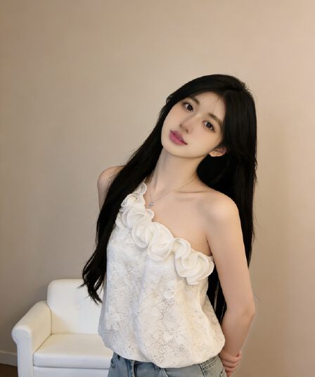 실사 한 부서 고급 센스 3 차원 꽃 비스듬한 어깨 민소매 달콤함 연령 감소 고유 한 Chic 레이스 작은 셔츠