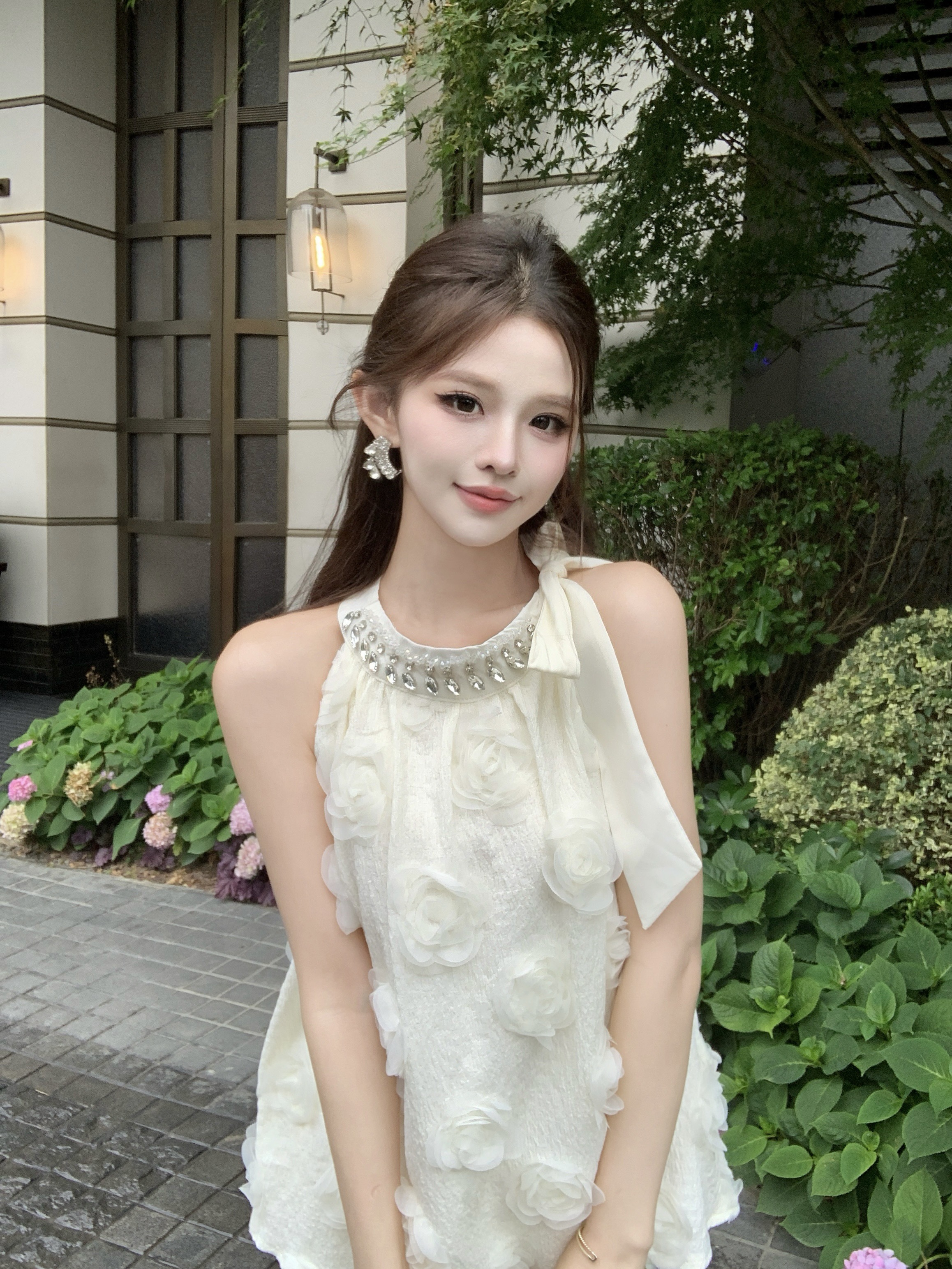 실사 프랑스식 3 차원 꽃 무거운 작업 벨트 훈련 행침 목 조끼 여성 레이스업 나비 매듭 인형 셔츠 민소매 맨위
