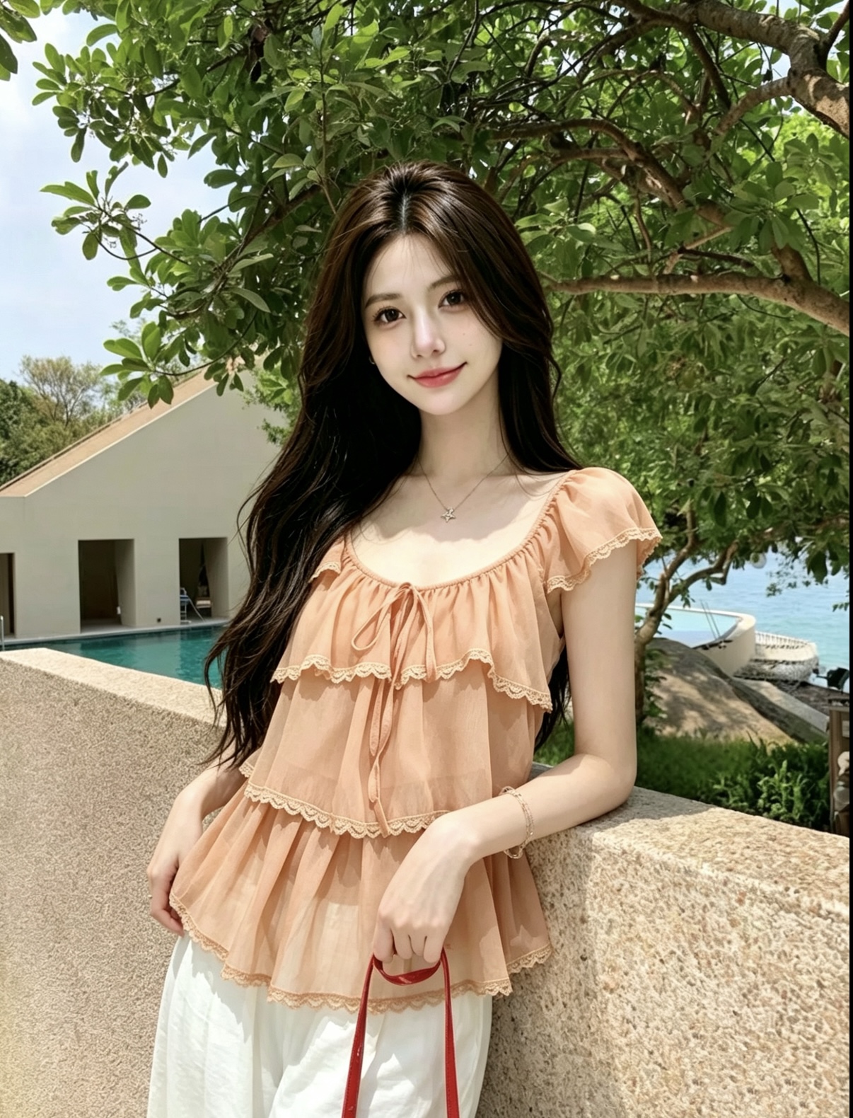 실사 달콤한 미국 칼라 프릴 작은 날다 소매 쉬폰 인형 셔츠 셔츠 외출용 루즈핏 맨위