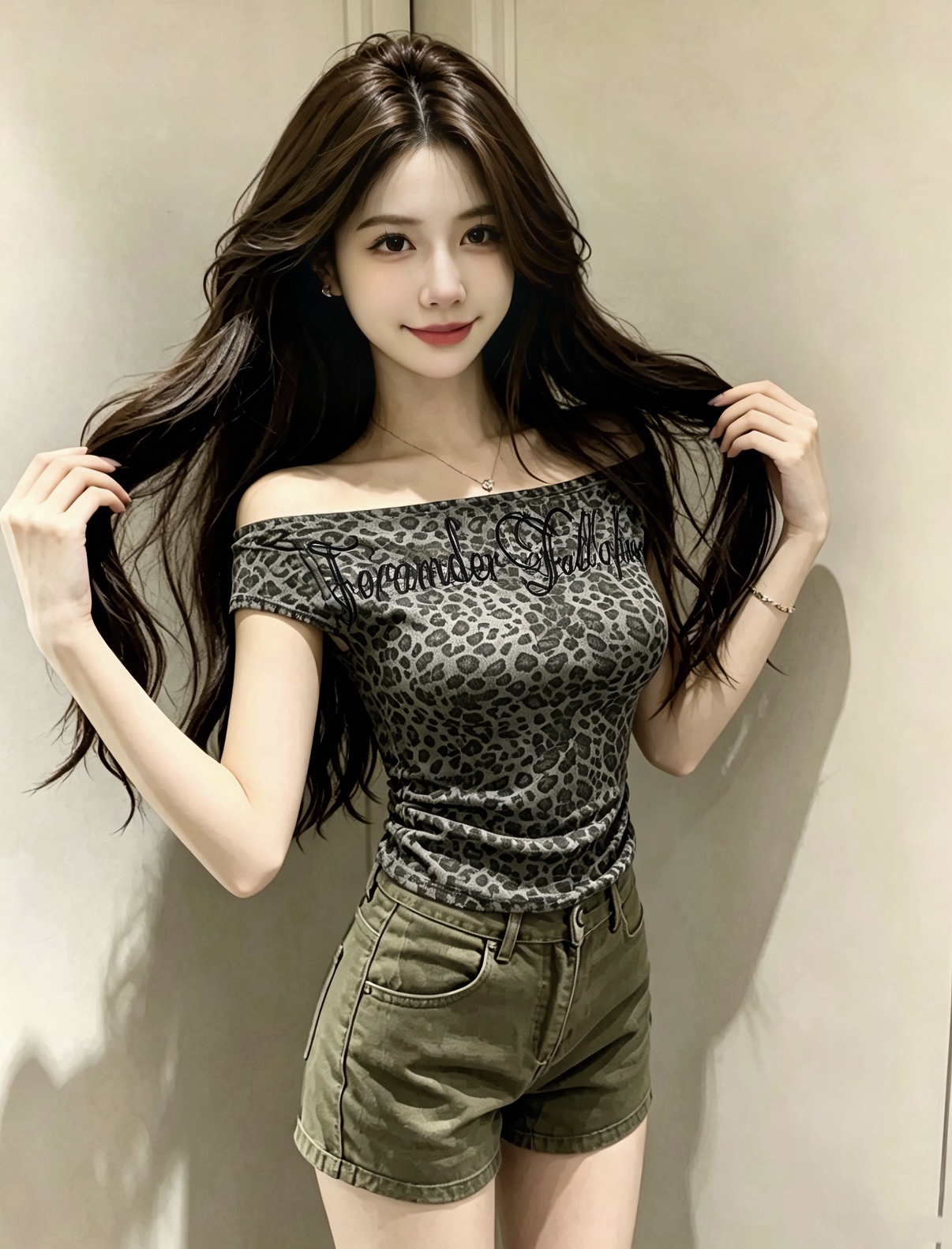 실사 아메리칸 섹시함 핫걸 보트넥 오프숄더 레오파드 무늬 허리 수축 맨위