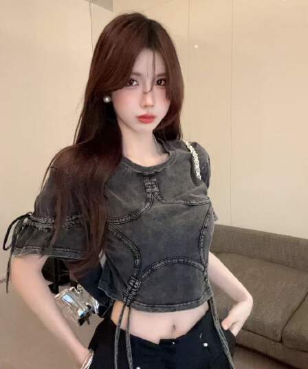실사 워시 물 마 오래된 레트로 스타일 반팔 티셔츠 여성 핫걸 디자인 센스 펌프 로프 맨위 트렌디
