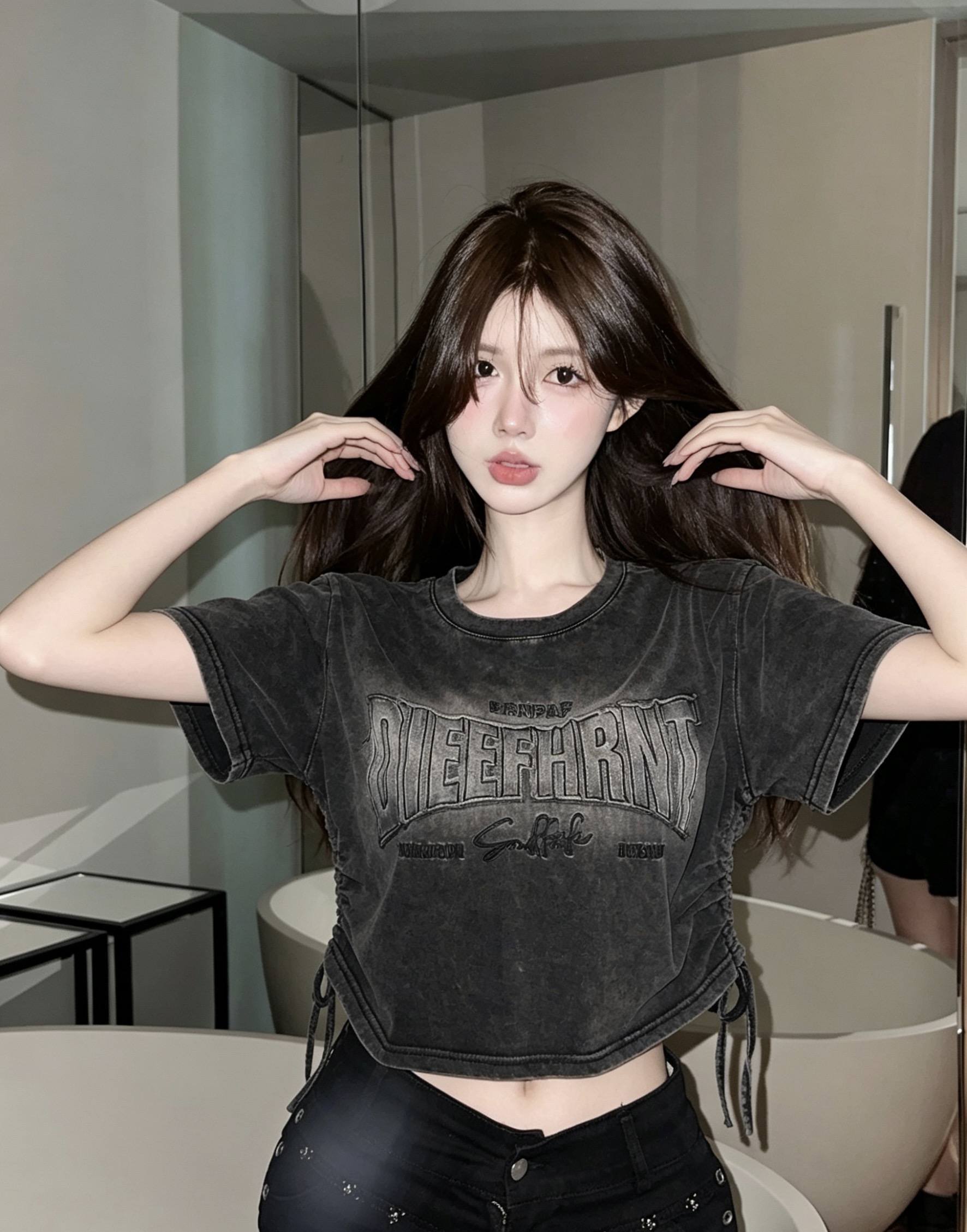 실사 아메리칸 레트로 그라데이션 쇼트 스타일 워시 물 3 차원 어머니 프린트 펌프 로프 슬림해 보이는 고급 맨위