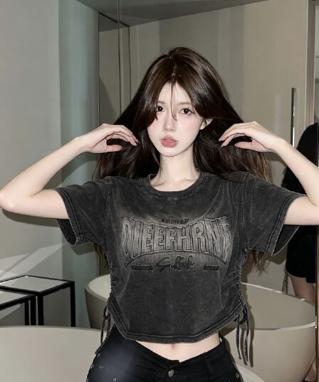 실사 아메리칸 레트로 그라데이션 쇼트 스타일 워시 물 3 차원 어머니 프린트 펌프 로프 슬림해 보이는 고급 맨위