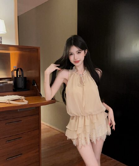 실사 프랑스식 낭만주의 레이스업 프릴 패치워크 레이스 조끼 작은 셔츠 여성 셔츠