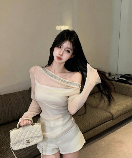 실사 망사 다이아몬드 세팅 비스듬한 어깨 긴팔 디자인 센스 순수한 욕망 오프숄더 아름다운 맨위