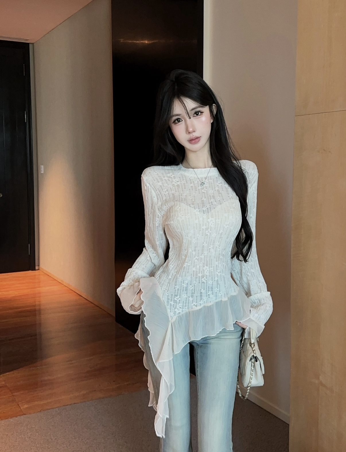 BY33385# 高级感蕾丝拼接网纱何叶边长袖修身上衣11 服裝批發女裝批發服飾貨源
