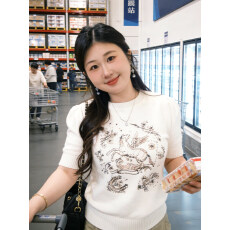 批发大码胖mm重工刺绣小马图案针织短袖T恤女春夏纯欲风显瘦正肩上衣