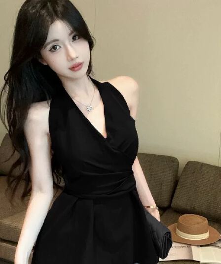 검정색 민소매 행침 목 맨위 여성 여름 드레스 2026 새로운 고급 센스 품격 다시 a 다시 바람의 소리 행침 목 조끼