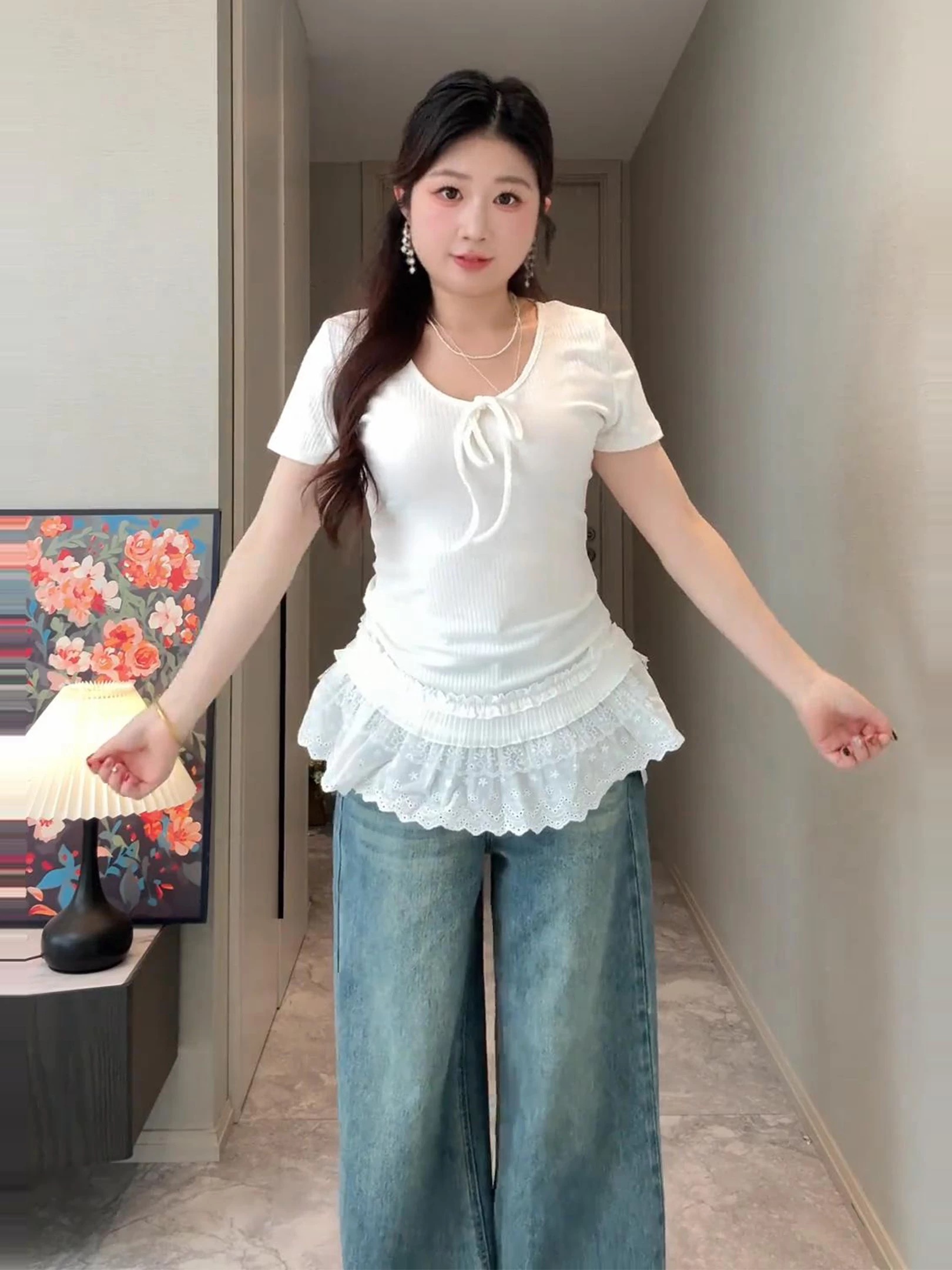 빅 사이즈 부드러운 한 부서 바람 화이트 반팔 티셔츠 여성 여름 지방 mm 슬림해 보이는 레이스 조각 레이스업 표지 배 맨위