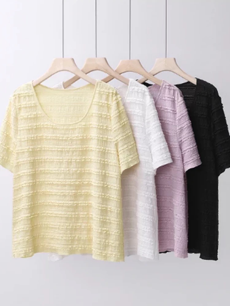 지방 지아 지아 지방 mm 빅 사이즈 여성 의류 부드러운 안개 티셔츠 여름 품격 캐주얼 질감 센스 반팔 레이스 맨위