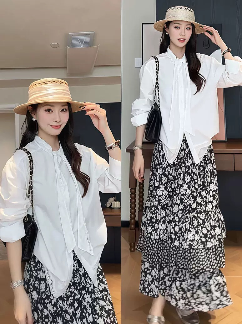 빅 사이즈 올해 인기 ~ 중 아름다운 세트 로얄 자매 바람 리본 루즈핏 자물쇠 빈 셔츠 프릴 꽃무늬 케이크 드레스