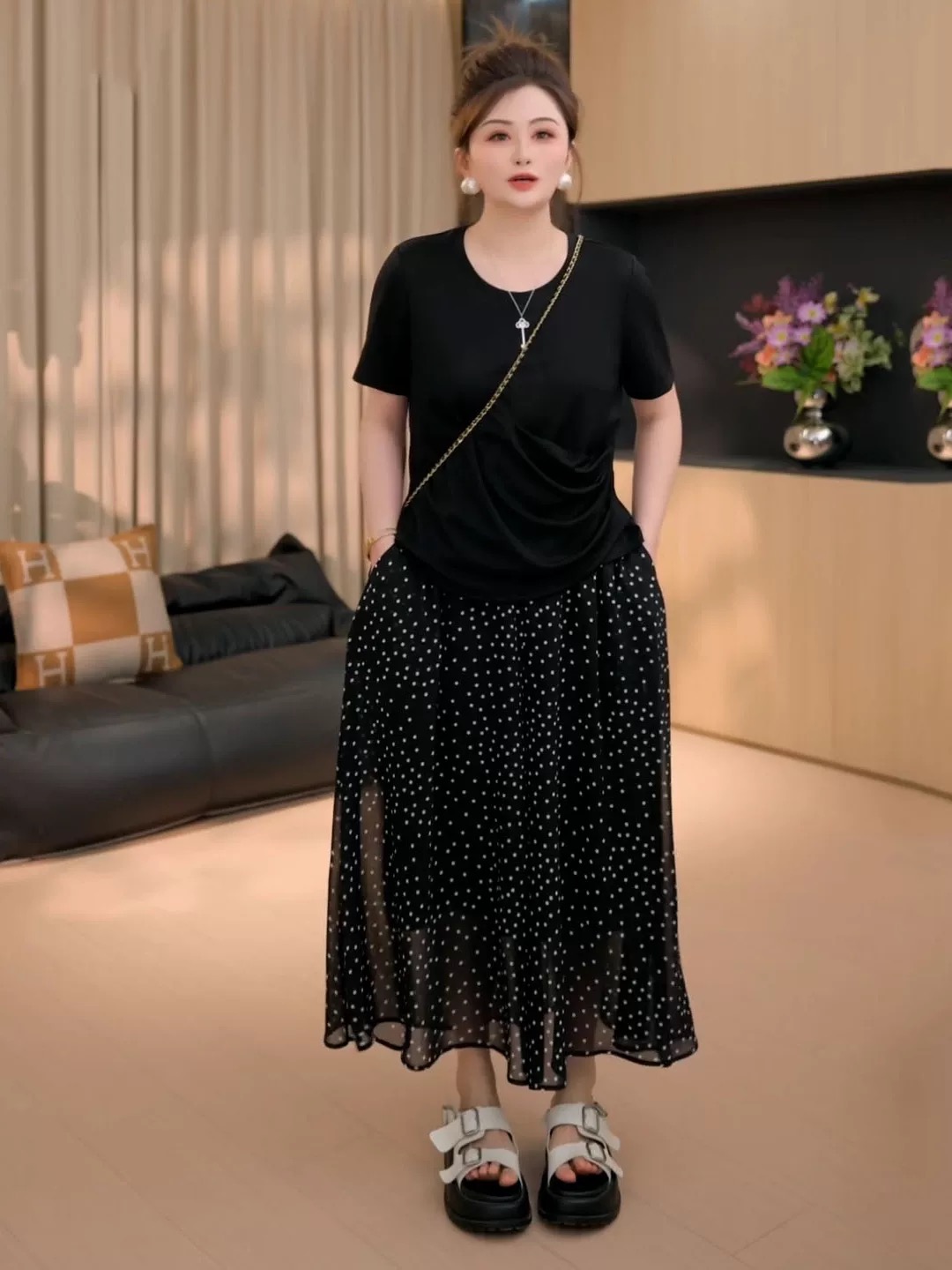 지방 지아 지아 도트 무늬 바지 쉬폰 캐주얼 바지 여름 얇은 스타일 루즈핏 표지 고기 긴 바지