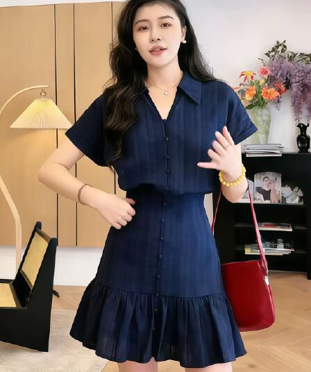 빅 사이즈 블루스 참고 해군 miu 부서 자카드 소녀 센스 연령 감소 프랑스식 허리 수축 드레스