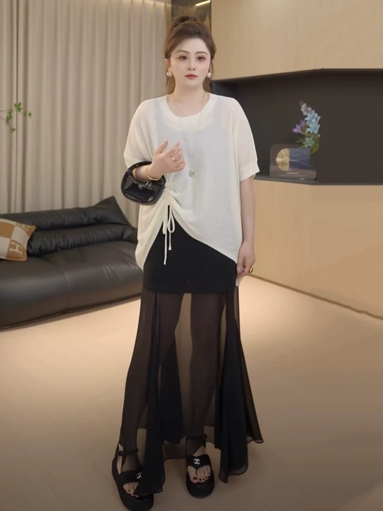 빅 사이즈 품격 하이웨이스트 패치워크 하프 ~을 통해 Tulle 반신 스커트 여름 몸매 가꾸기 슬림해 보이는 중간 길이 인어 꼬리 스커트